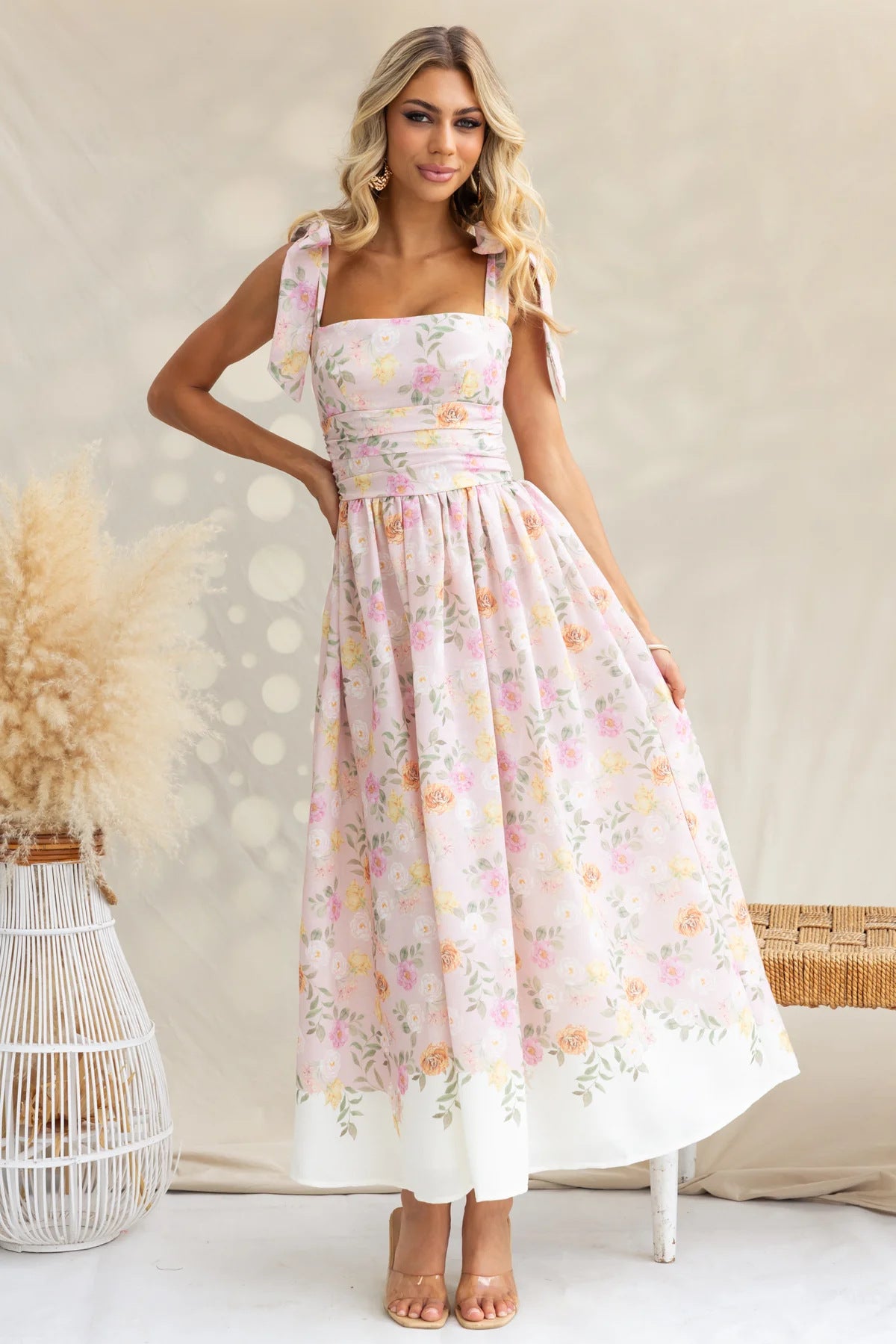 Printed Tie Shoulder Midi Cami Dress