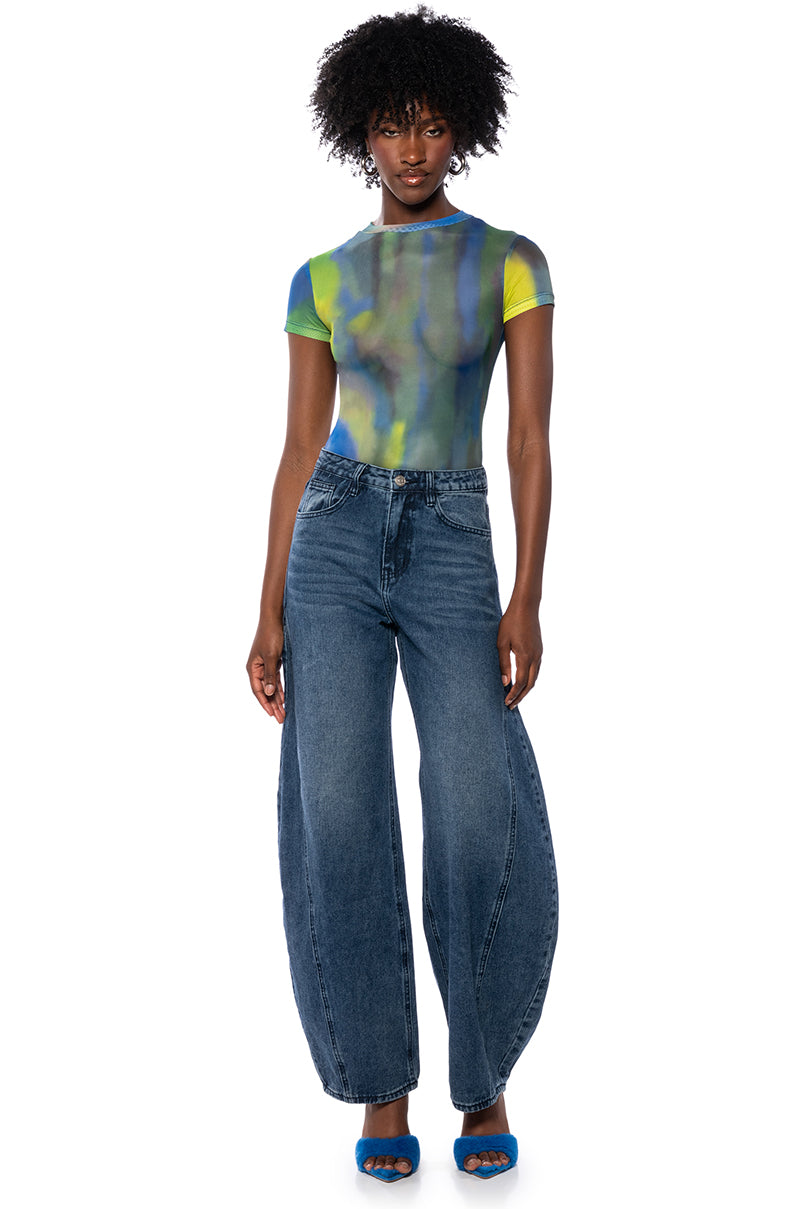 ABSTRACT PRINTED SHORT SLEEVE MESH BODYSUIT