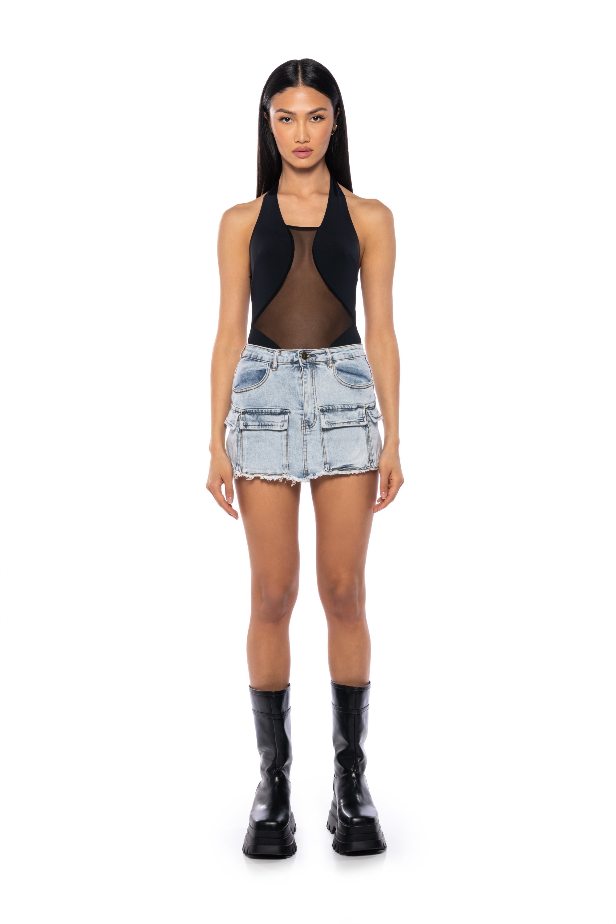 ASH HALTER NECK MESH DETAIL BODYSUIT