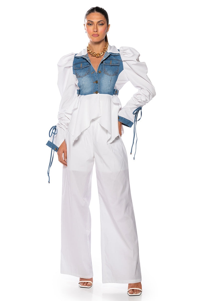 HER DENIM TOP WITH SATIN CONTRAST