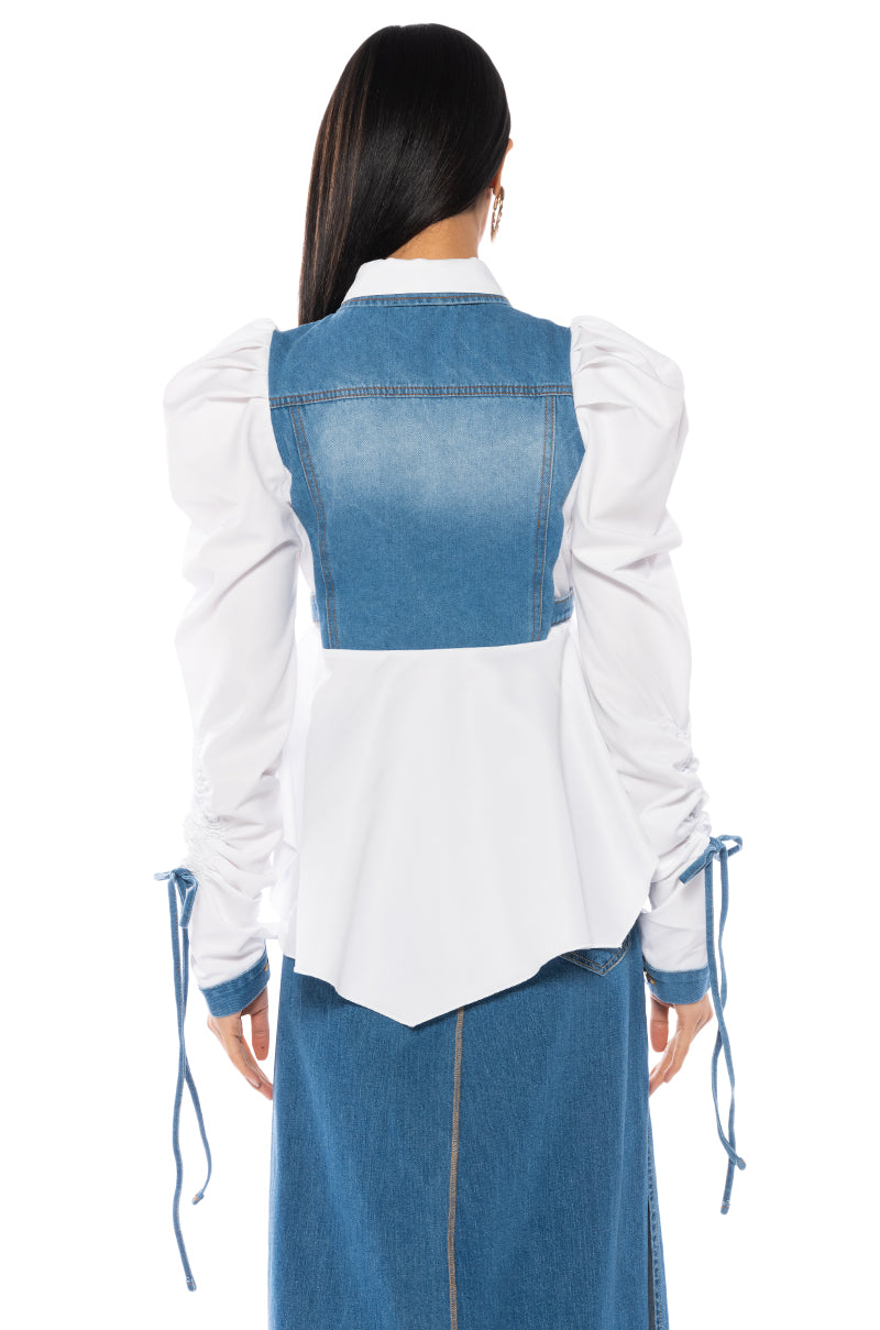 HER DENIM TOP WITH SATIN CONTRAST
