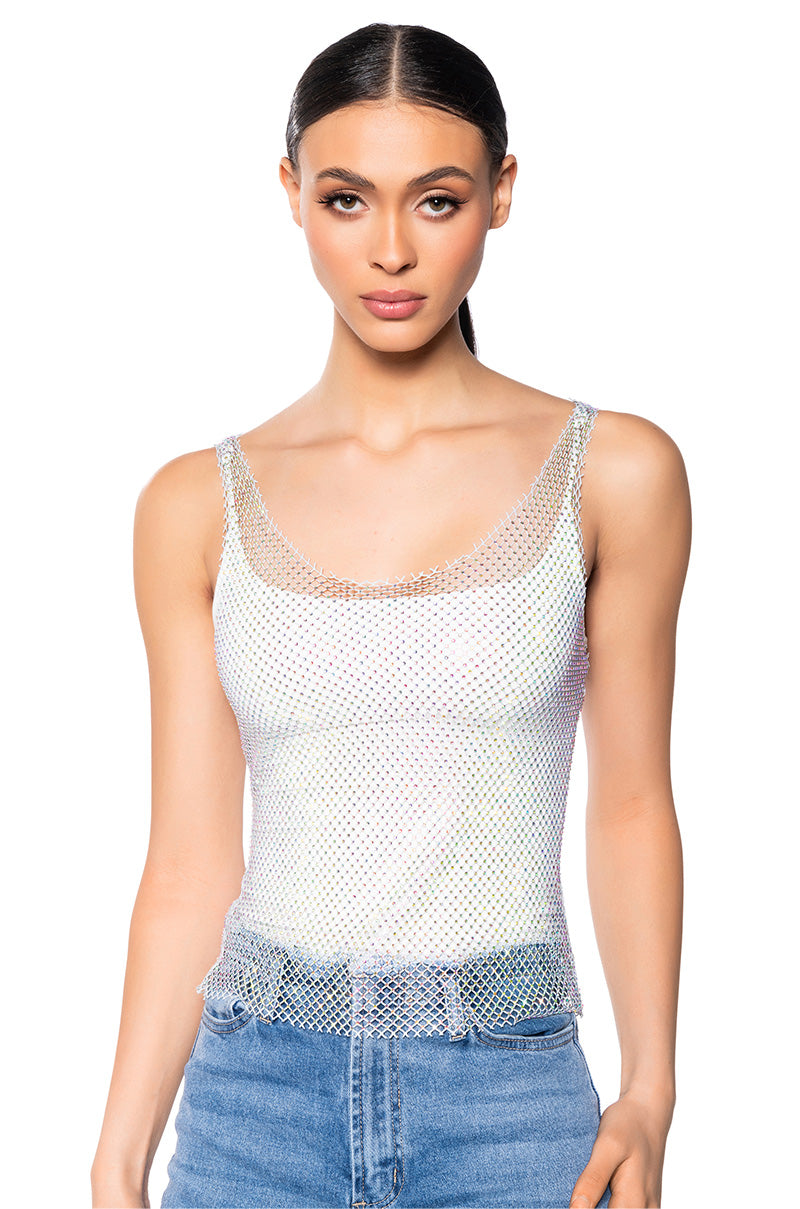 ANGEL VIBES RHINESTONE MESH TANK IN SILVER