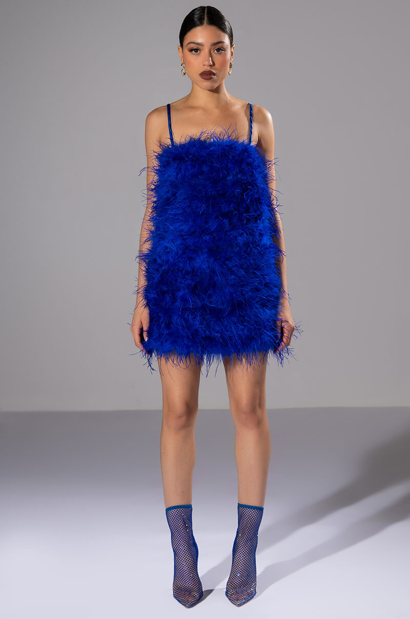 ANYTHING AND EVERYTHING STRAPLESS FEATHER MINI DRESS