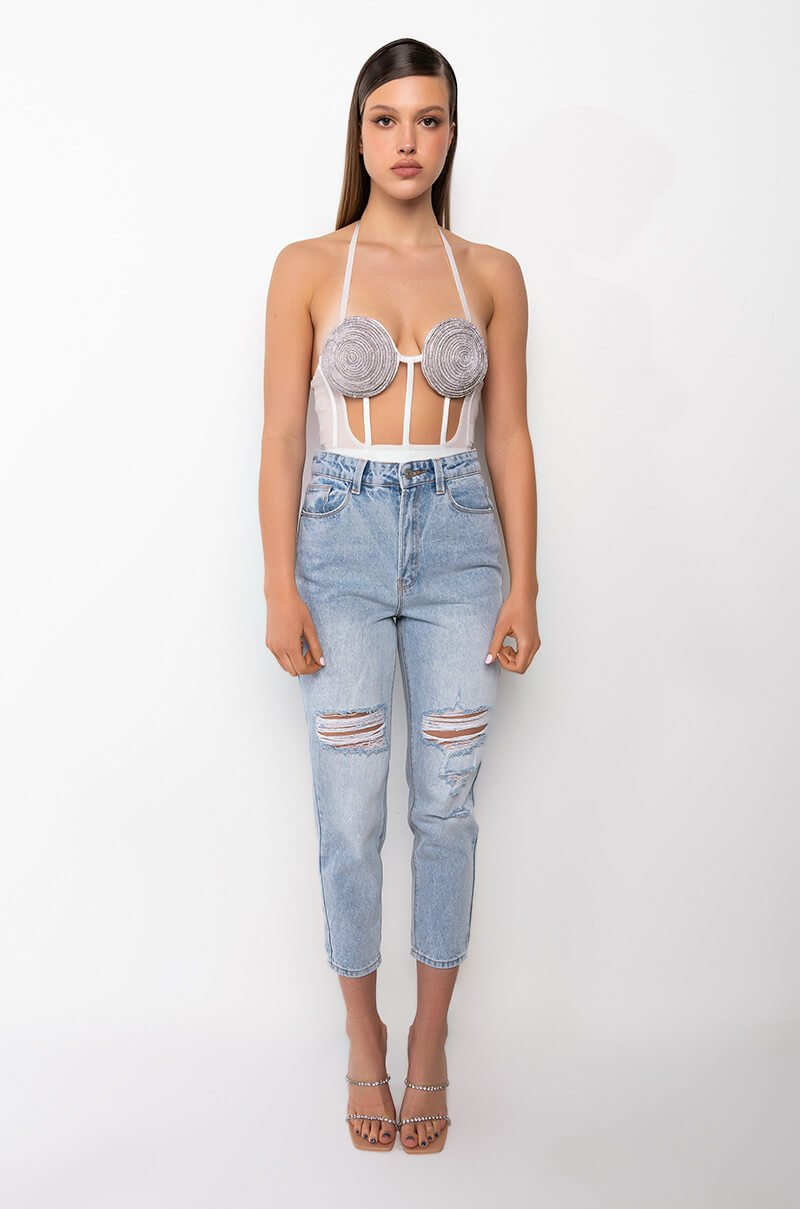 ARRIVEDERCI ACID WASH HIGH RISE DISTRESSED MOM JEANS
