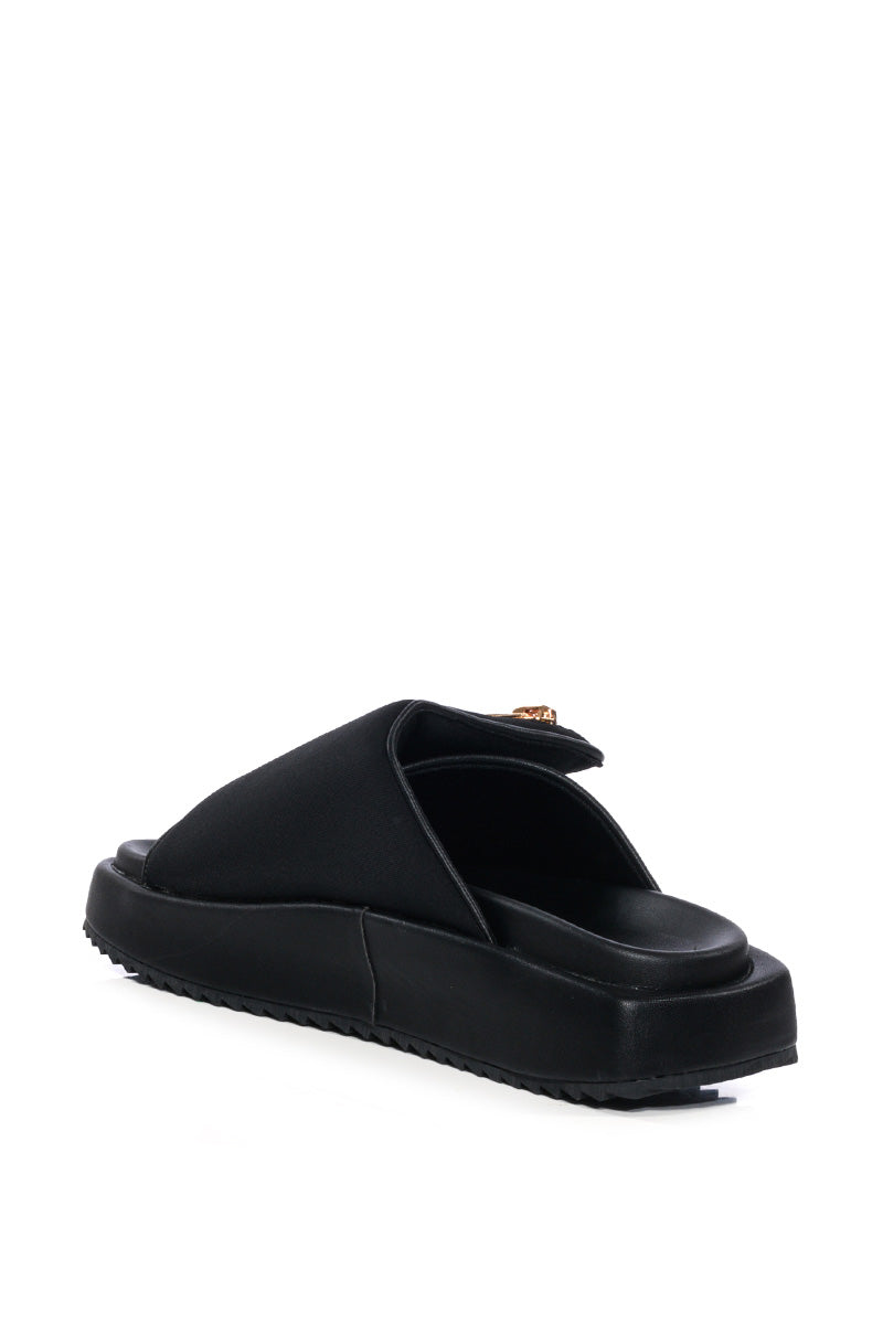 AZALEA WANG CALICO FLAT SLIP ON SANDAL IN BLACK