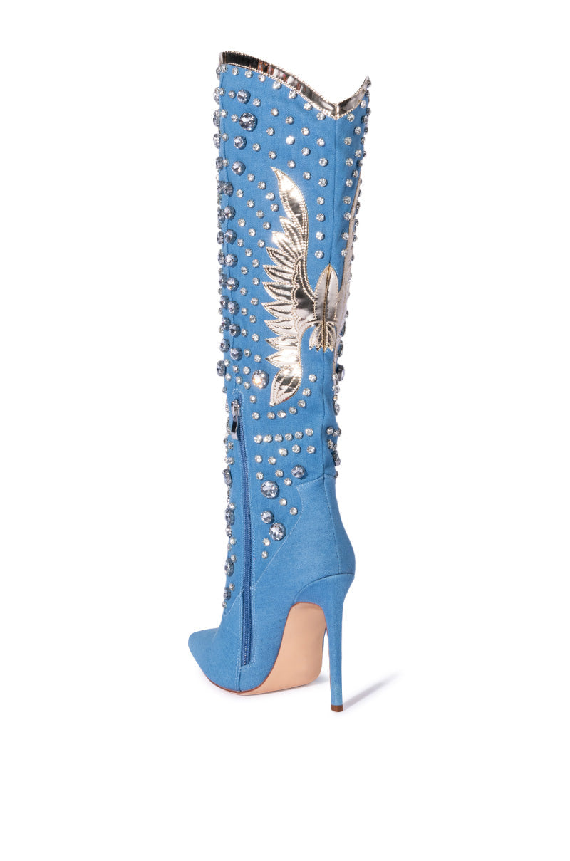 AZALEA WANG ZINNIA EMBELLISHED KNEE HIGH STILETTO BOOT IN DENIM