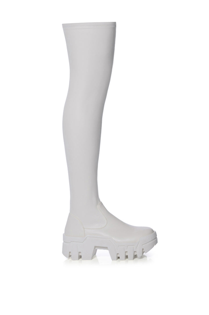 AZALEA WANG FAVORED STRETCH PU THIGH HIGH BOOT IN WHITE