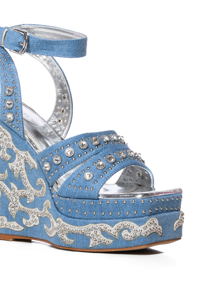 AZALEA WANG NUTMEG EMBELLISHED WEDGE HEEL SANDAL IN DENIM