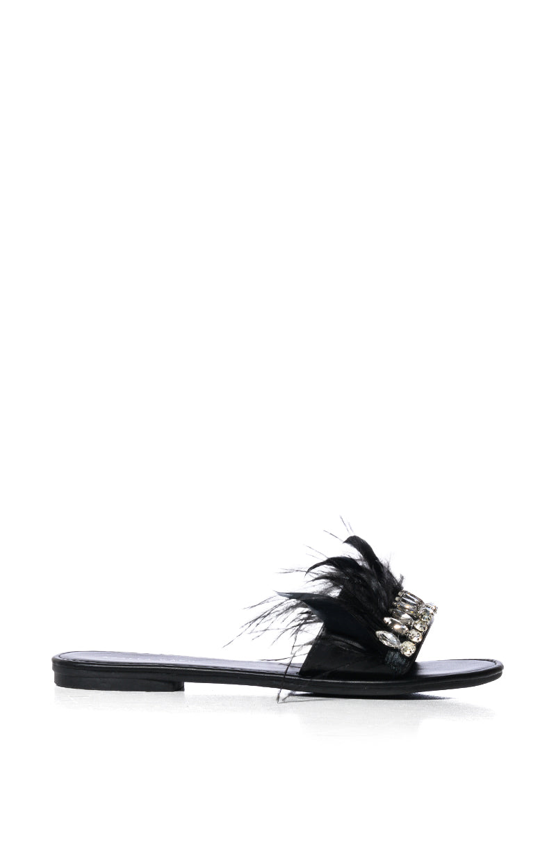 AZALEA WANG FEATHER FLAT SANDAL IN BLACK
