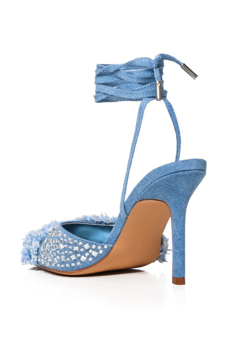 AZALEA WANG RAINI STRAPPY EMBELLISHED PUMP IN DENIM