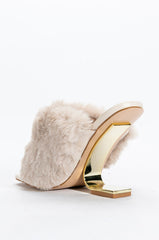 AZALEA WANG REMI FUR WEDGE SANDAL IN TAUPE