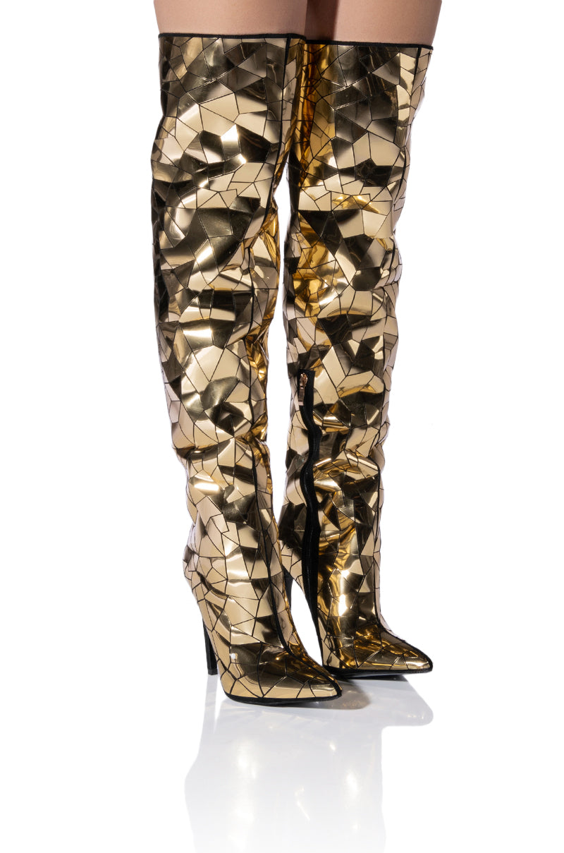 AZALEA WANG SHATTERED METALLIC STILETTO BOOT IN GOLD