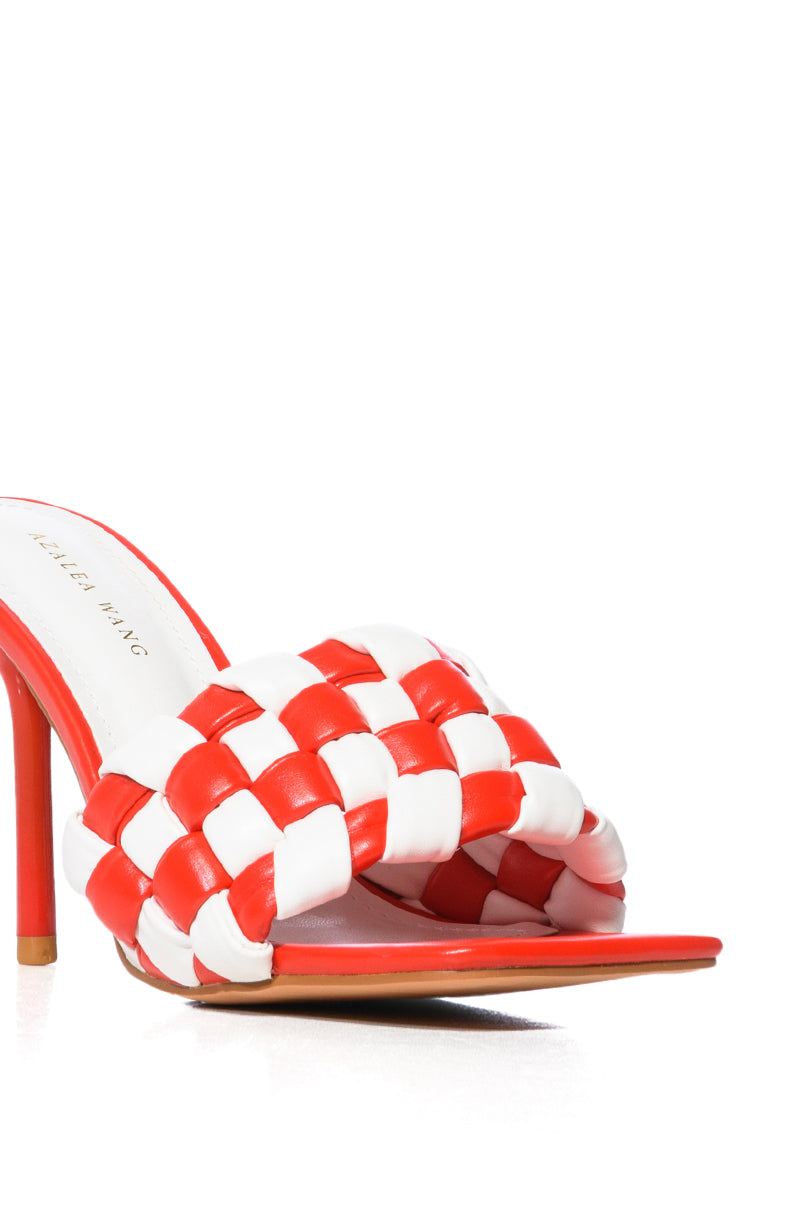 AZALEA WANG SIGRID RED AND WHITE CHECKER BOARD STILETTO SANDAL