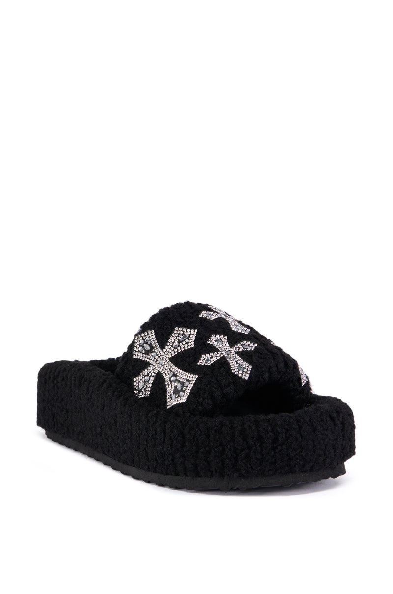 AZALEA WANG SUTTONED BLACK CROSS EMBELLISHED SLIP ON SANDAL