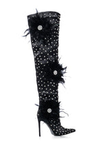 AZALEA WANG TARYN BLACK SATIN FEATHER FLOWER THIGH HIGH BOOT