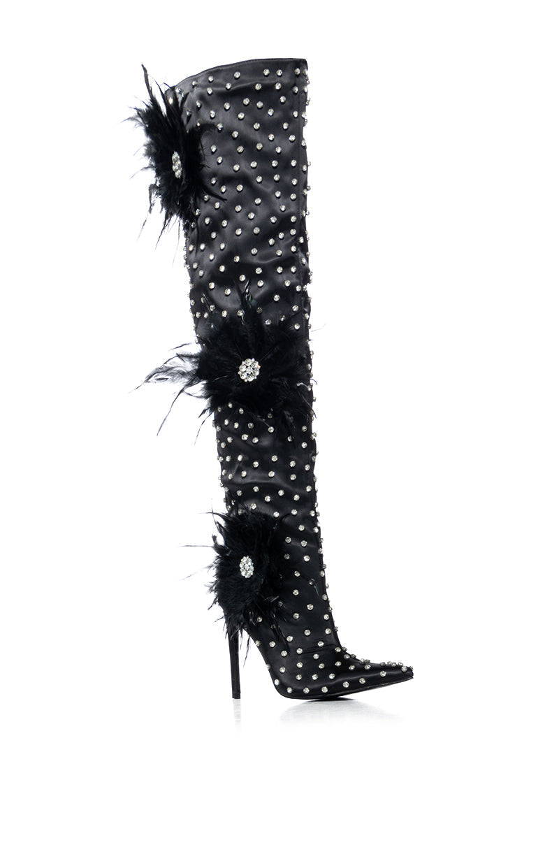 AZALEA WANG TARYN BLACK SATIN FEATHER FLOWER THIGH HIGH BOOT