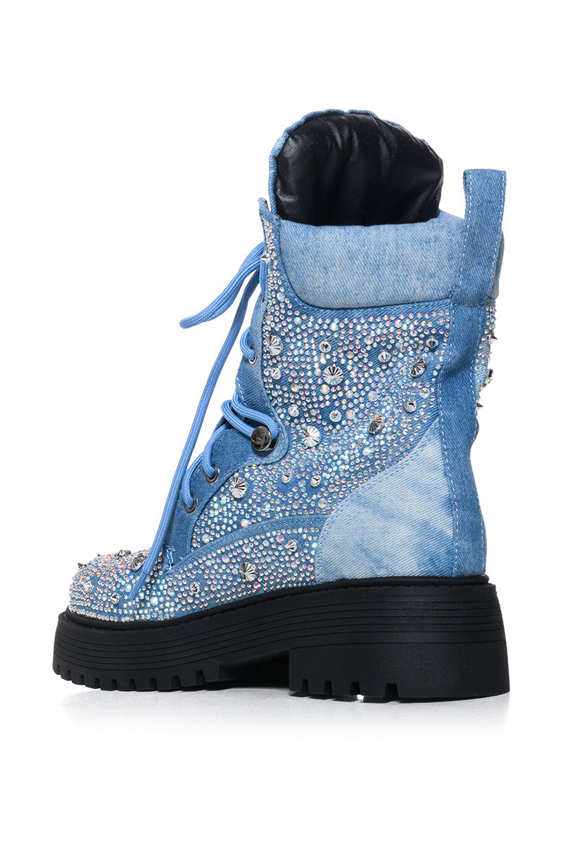 AZALEA WANG TRUFFLED DENIM EMBELLISHED COMBAT BOOTIE