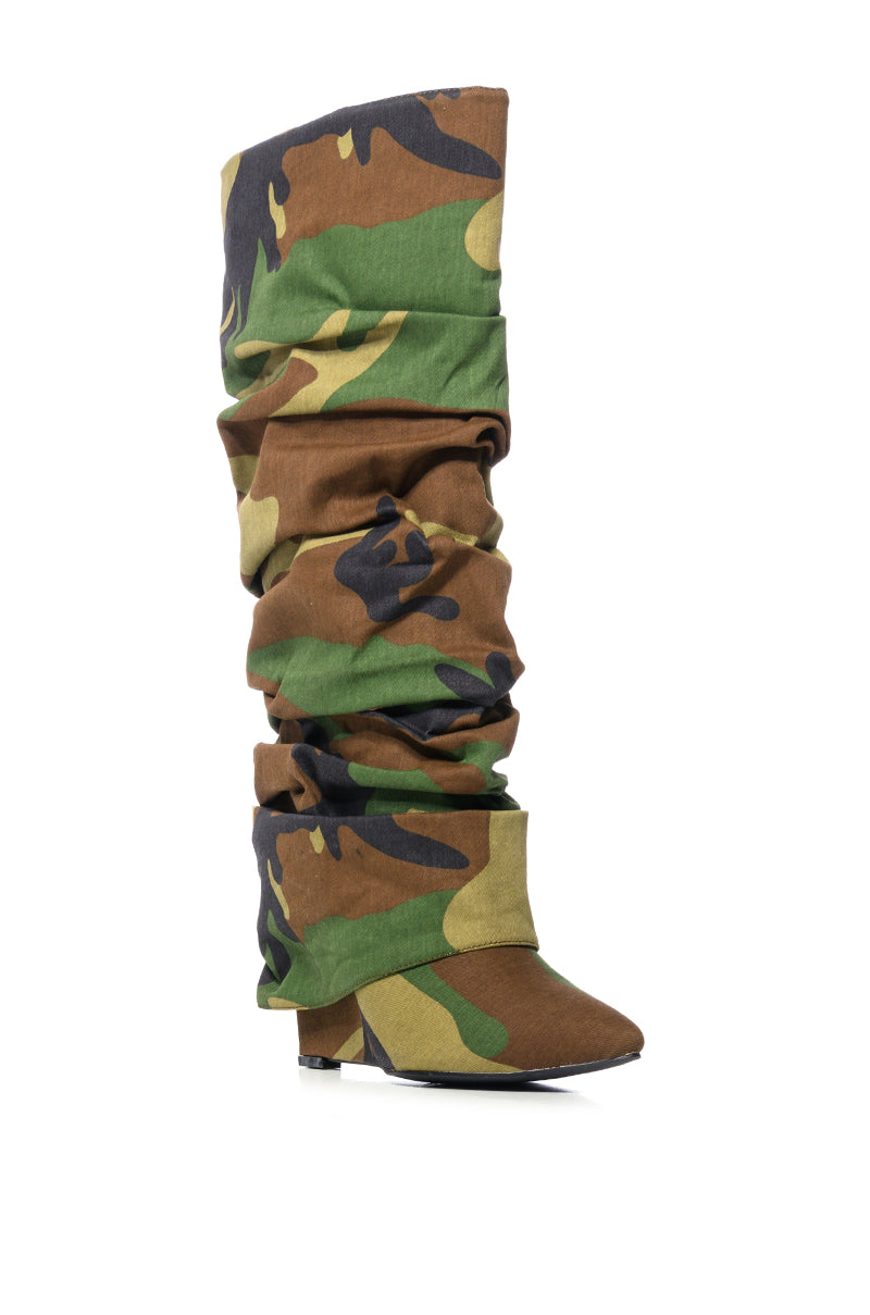 AZALEA WANG ZUMMA CAMO RUCHED WEDGE BOOT