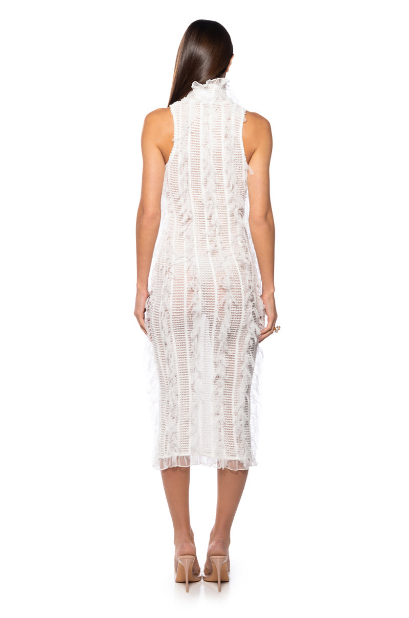 BACKSTAGE SHREDDED MIDI DRESS IN WHITE