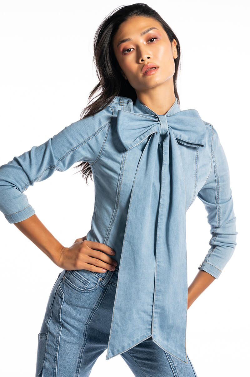 BOW DOWN BISH DENIM LONG SLEEVE TOP