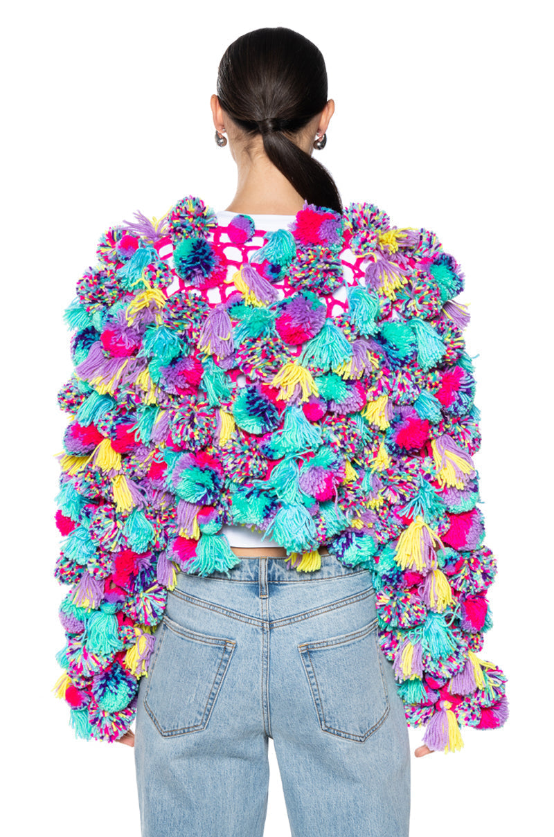MULTI COLORED POM POM SWEATER