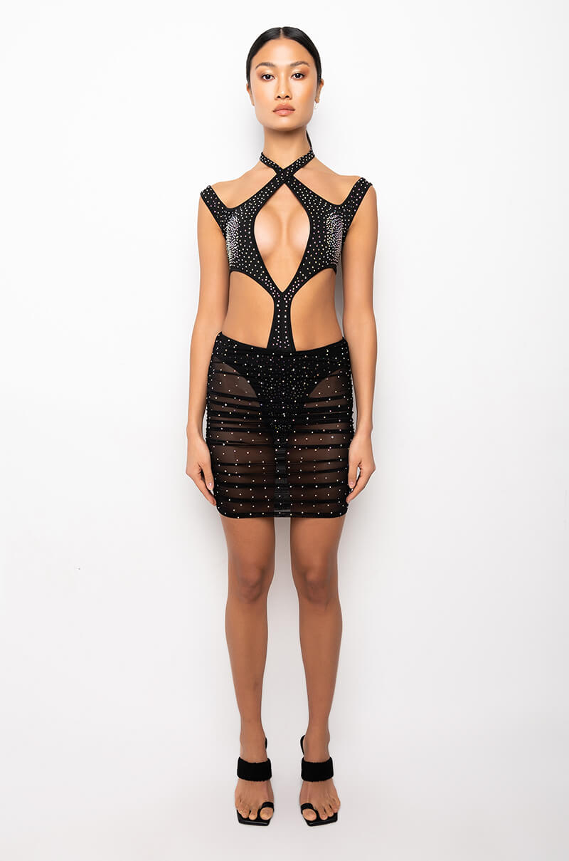 CAN'T HELP IT RHINESTONE MINI DRESS WITH CUT OUTS