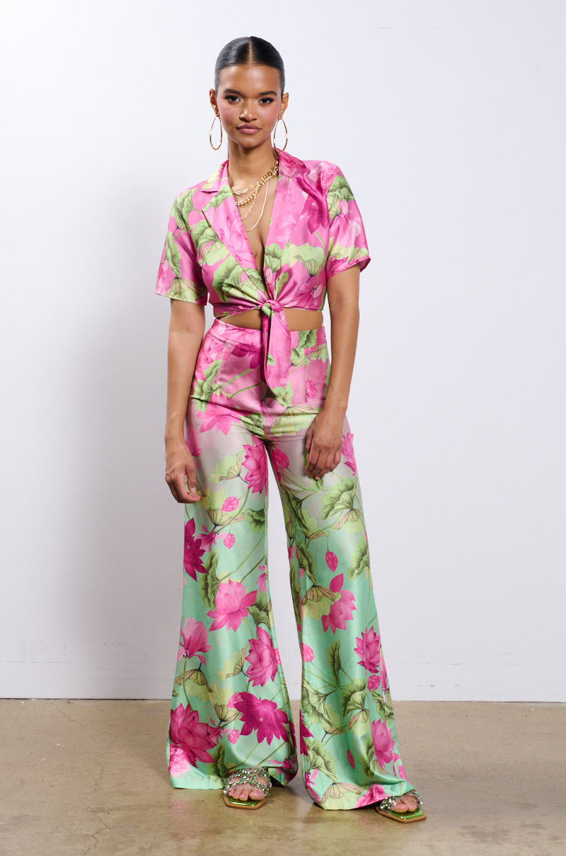CATCH ME IN MIAMI PRINTED SATIN SHIRT