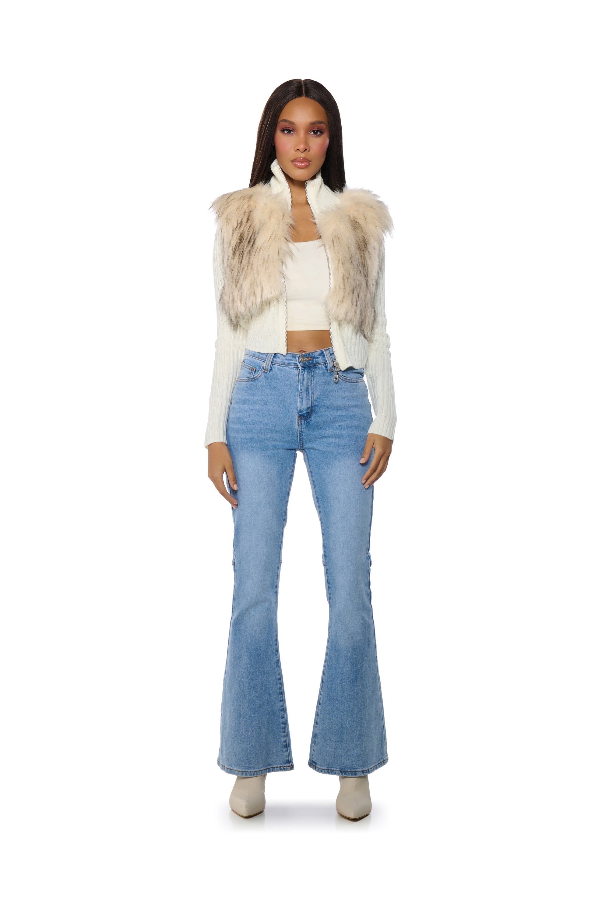 COLDEST WINTER ZIP UP FAUX FUR TRIM KNIT SWEATER IN IVORY