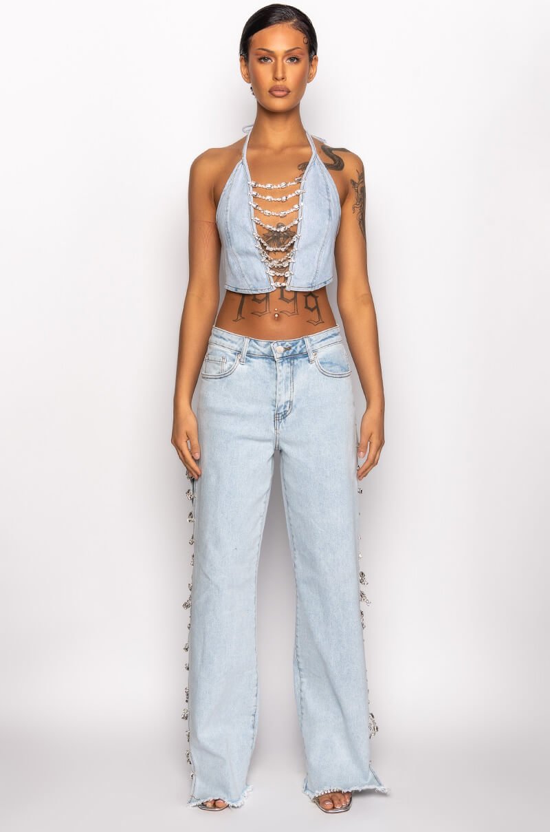 COVERED IN DIAMONDS DENIM PLUNGE CROP TOP