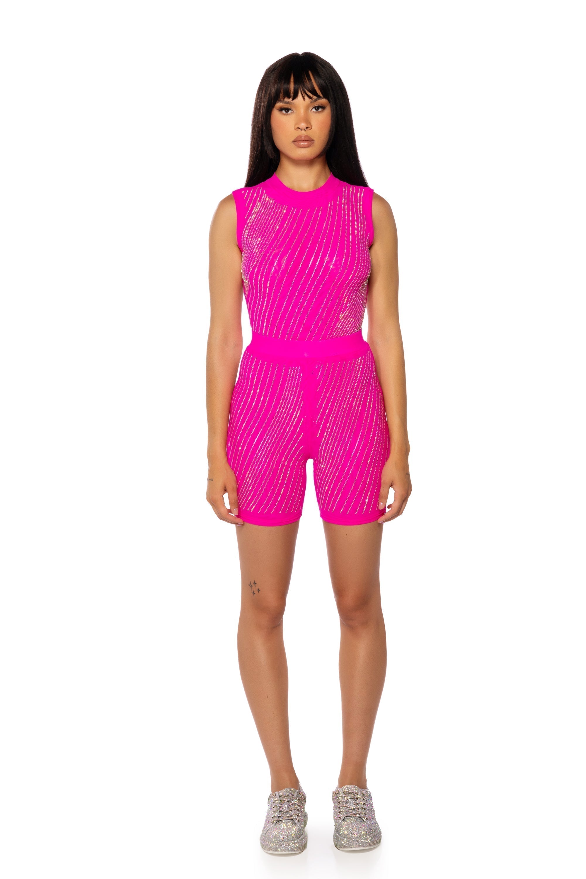 DIAMOND MESH SLEEVELESS BODYSUIT IN PINK
