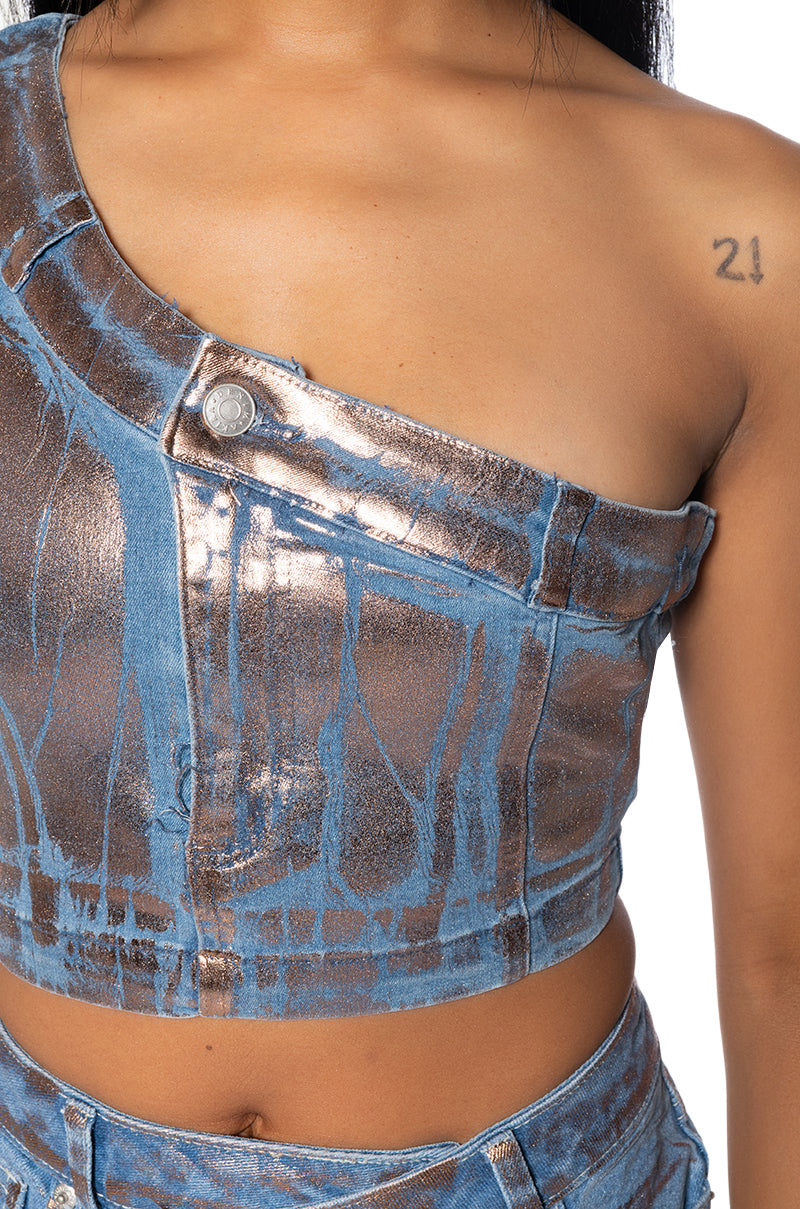 DIVINE TIMING CROPPED METALLIC DENIM TOP
