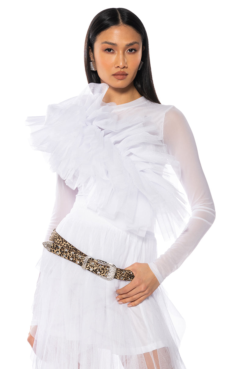 DRAMATIC RUFFLE DETAIL MESH LONG SLEEVE TOP