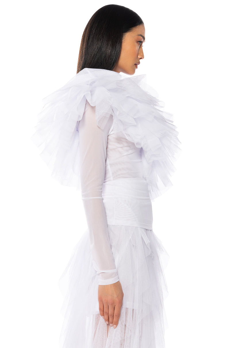 DRAMATIC RUFFLE DETAIL MESH LONG SLEEVE TOP