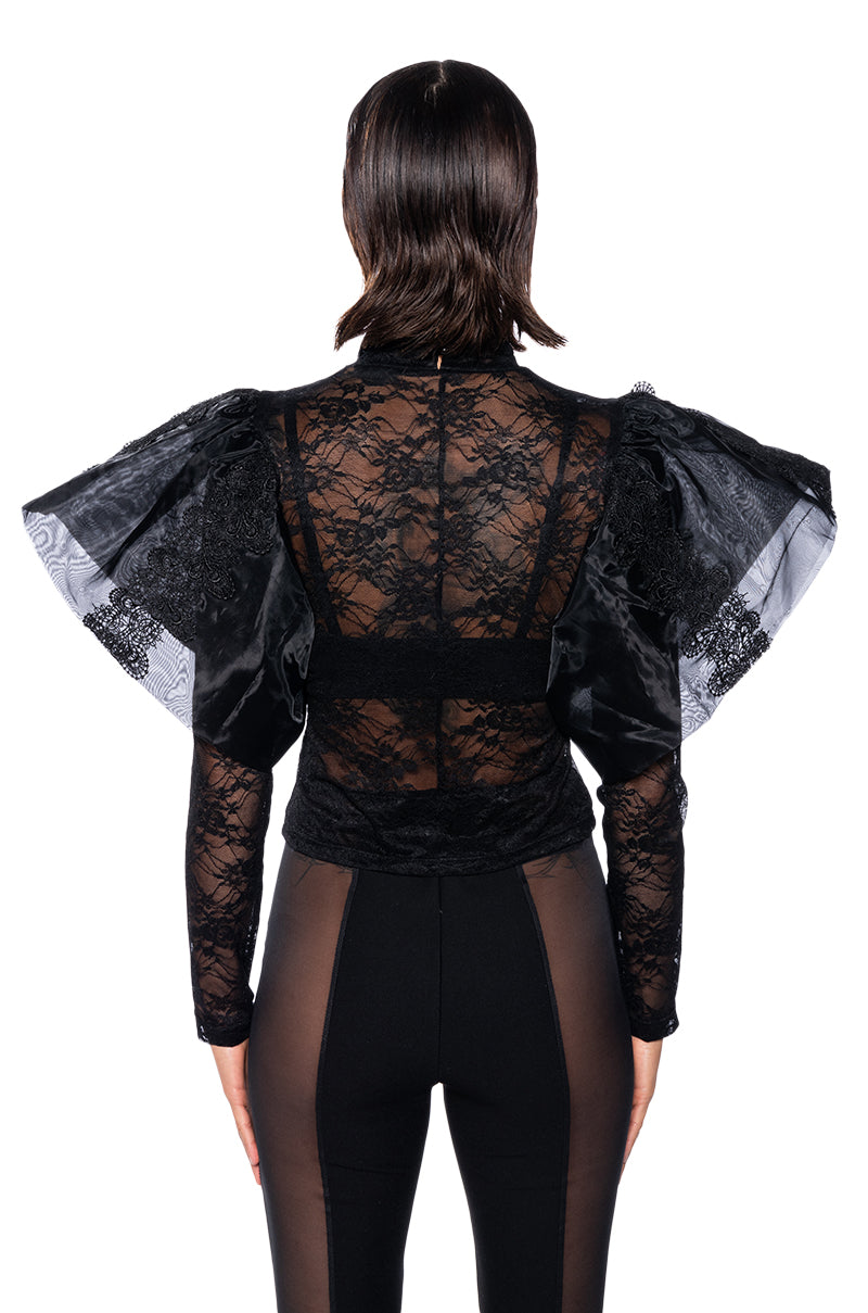 ELEVATE MY MIND FLOUNCE TULLE SHOULDER BLOUSE