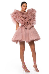 EVER AFTER RUFFLE SLEEVE PLEATED A LINE MINI DRESS