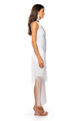 EVERYTHING ENTRANCE FRINGE V NECK MAXI DRESS IN WHITE