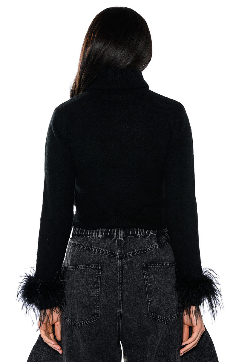 FANCY HUH FEATHER CUFF MOCK NECK SWEATER