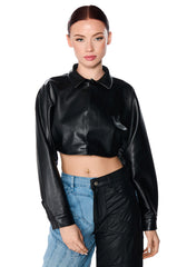 FAUX LEATHER CROPPED BUTTON DOWN SHIRT