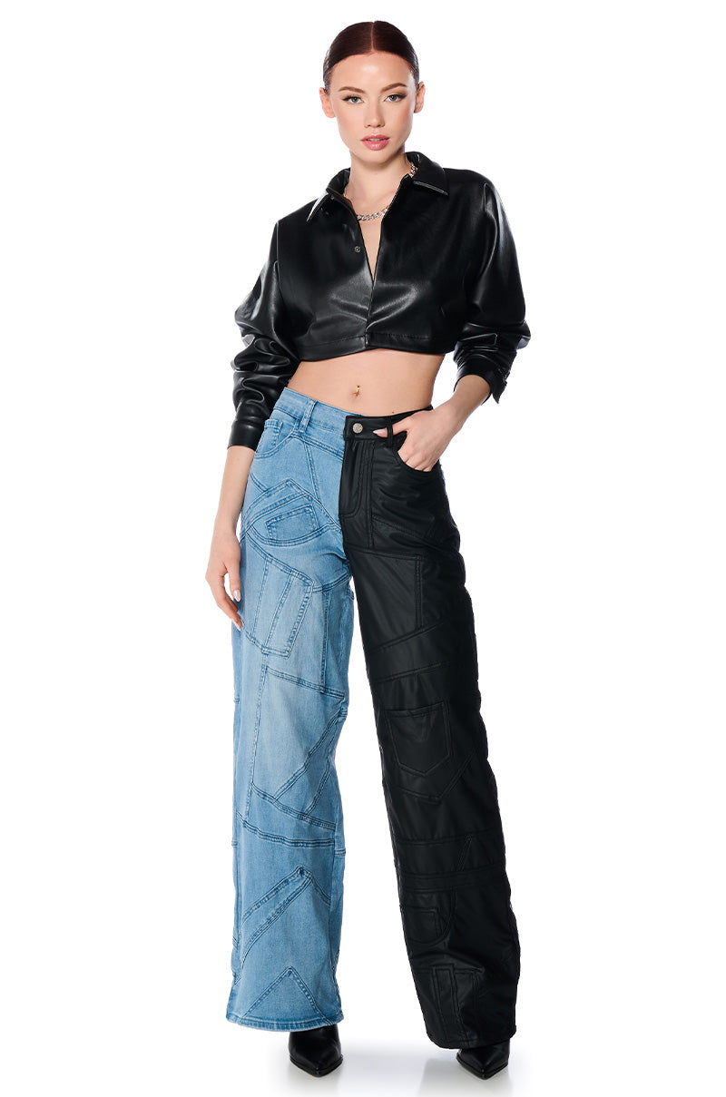 FAUX LEATHER CROPPED BUTTON DOWN SHIRT