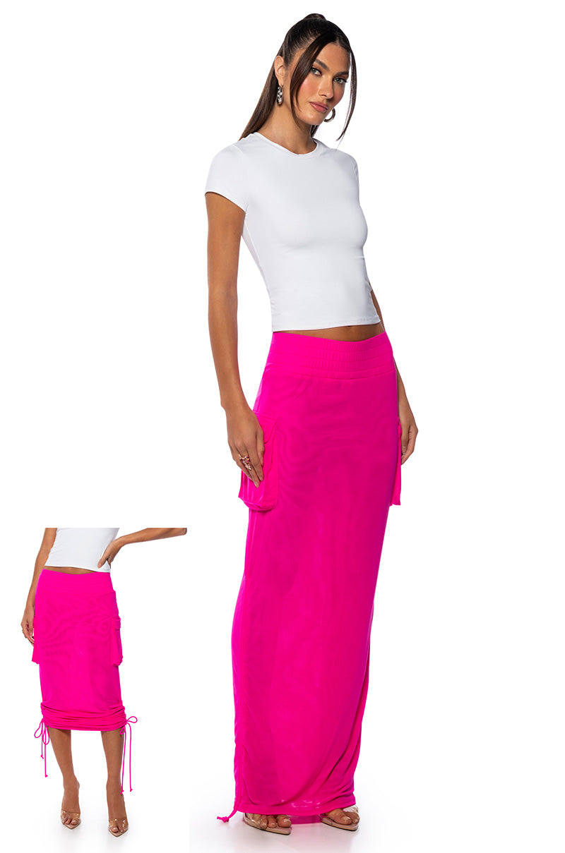 FOLLOW ME ADJUSTABLE DOUBLE MESH CARGO SKIRT IN PINK