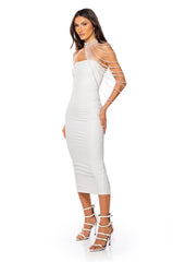 FRONT ROW BODYCON STRAPLESS MAXI DRESS IN WHITE
