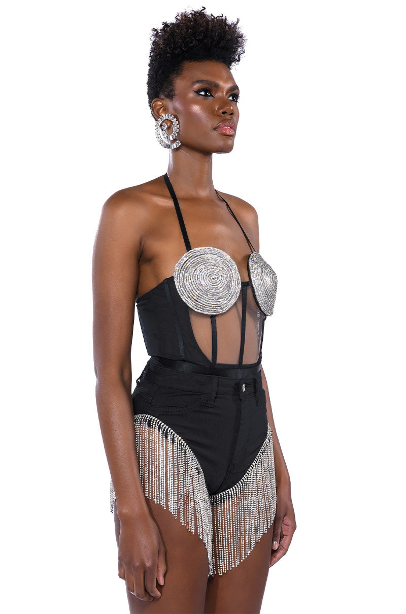 GLITCH IN THE MATRIX RHINESTONE MESH HALTER BODYSUIT