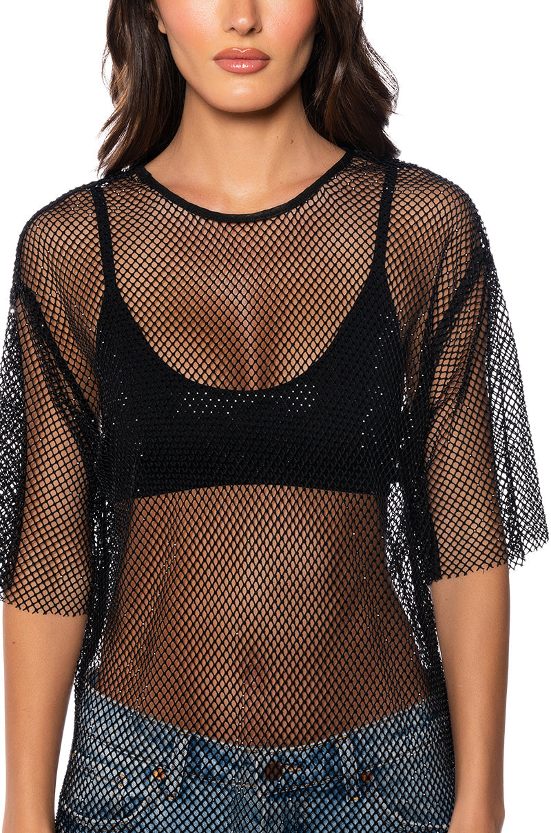 GOT PLANS TONIGHT RHINESTONE MESH T-SHIRT