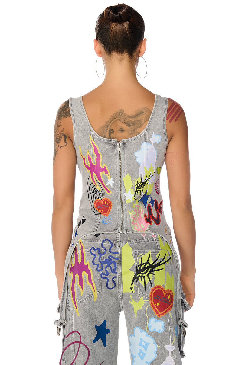GRAFFITI DETAIL DENIM CORSET TOP