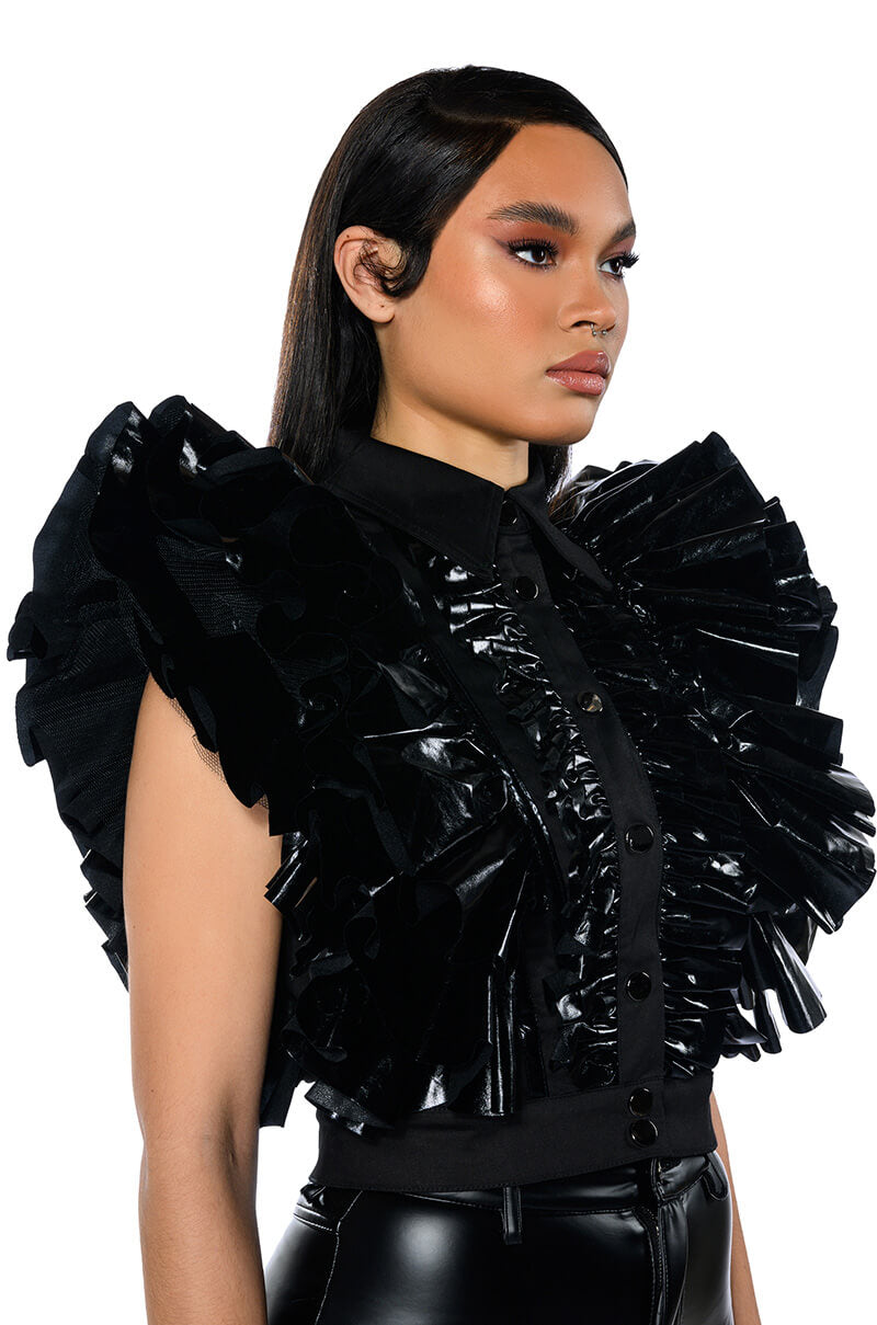 GREATEST SHOW RUFFLE BUTTON DOWN BLOUSE