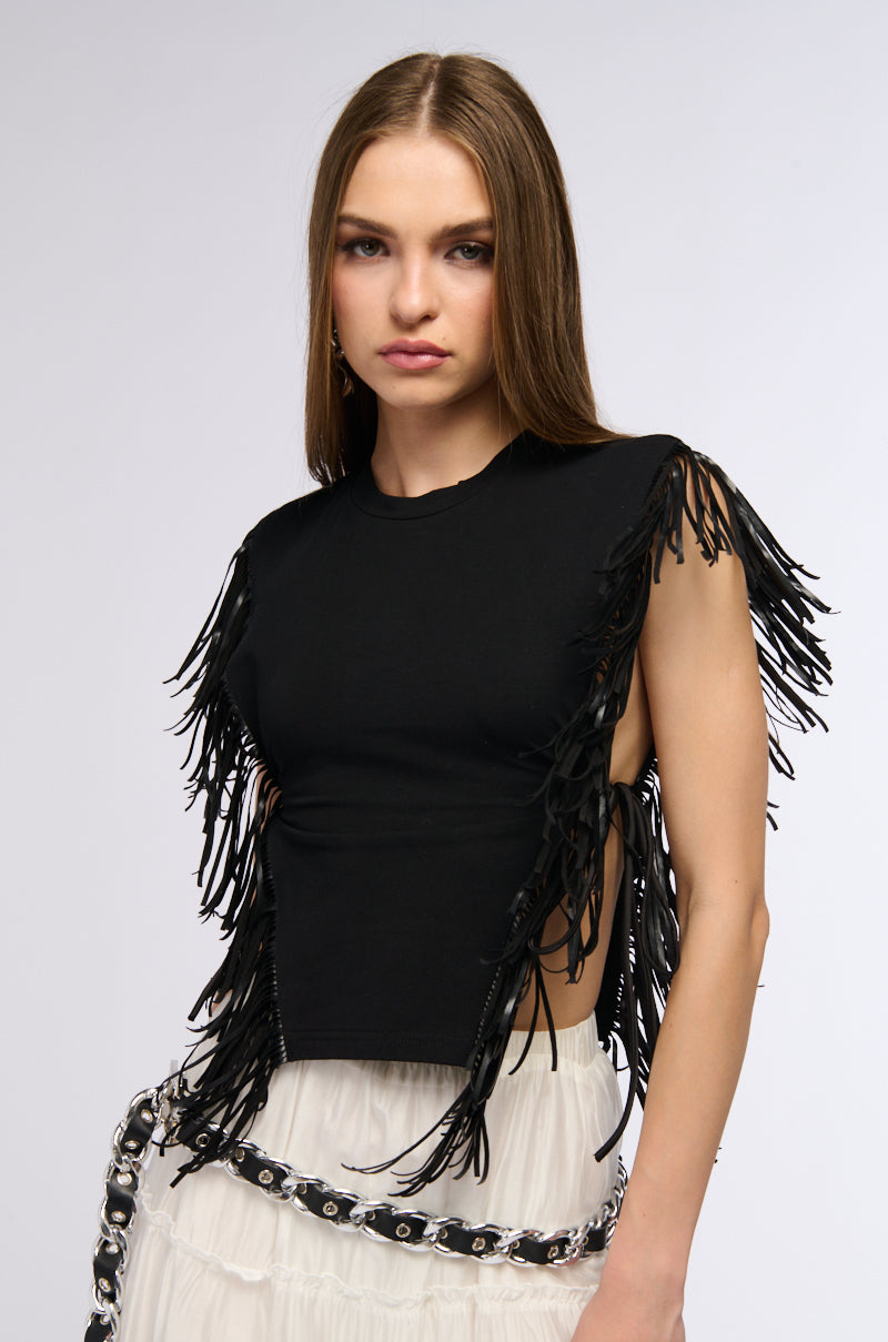 GRUNGE GIRL FAUX LEATHER FRINGE TSHIRT