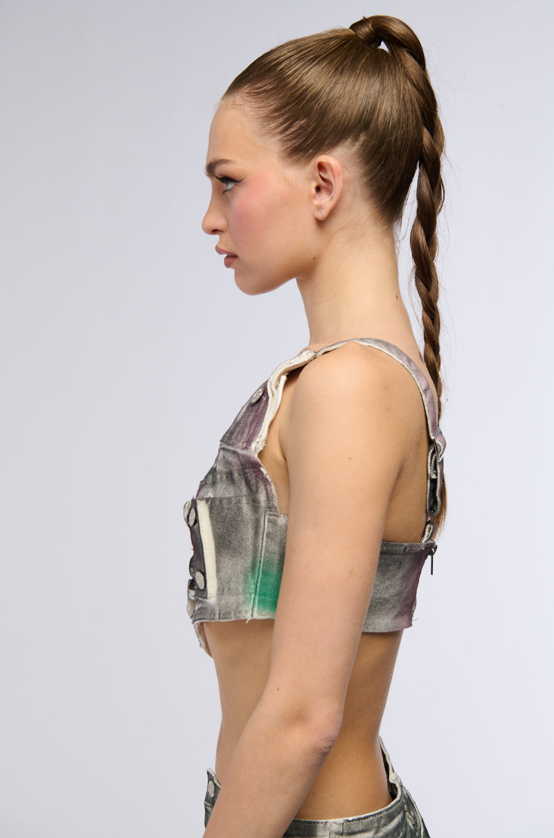 NOT YOURS BRALETTE DETAIL LAYERED PAINTED BUTTON DOWN BLOUSE