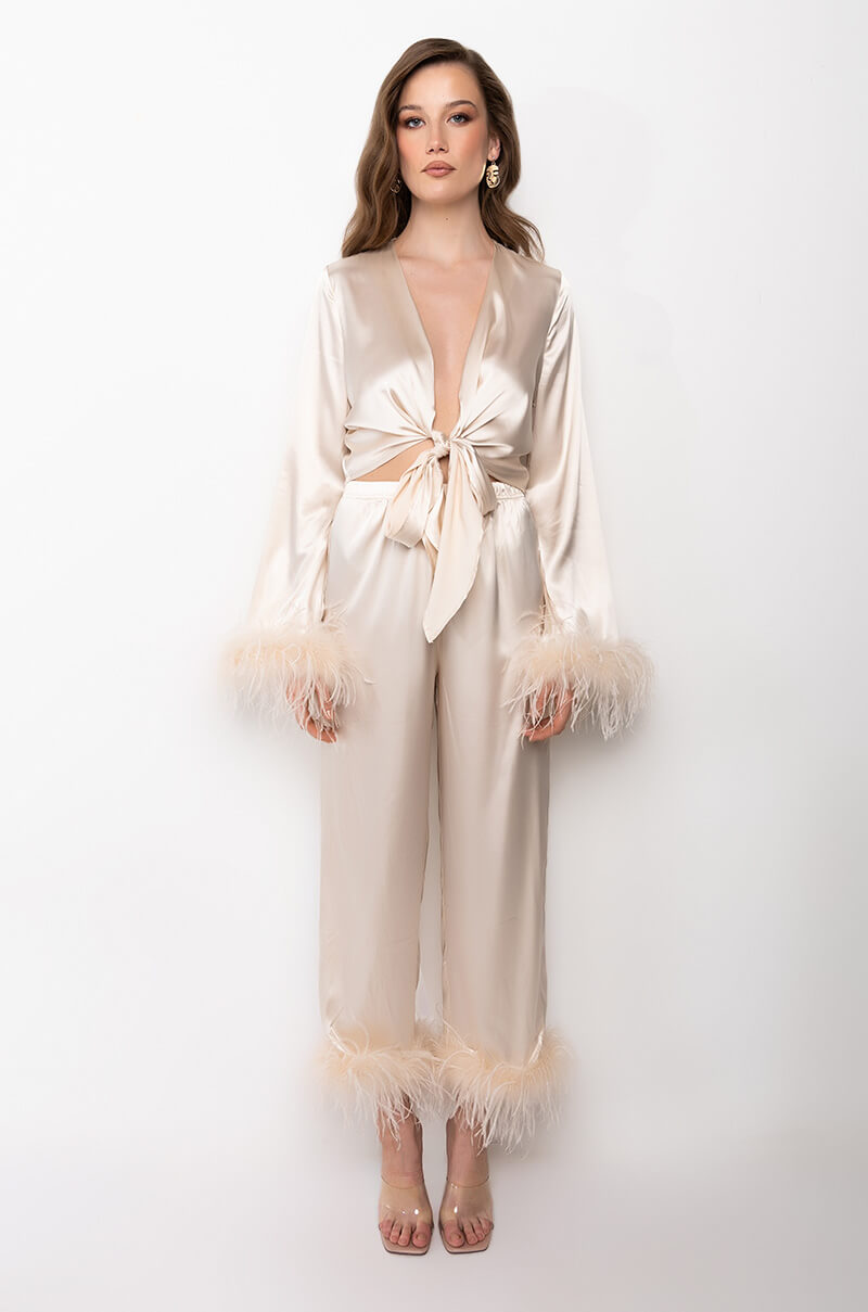 HIDDEN AGENDA FEATHER DETAIL SATIN TIE FRONT BLOUSE