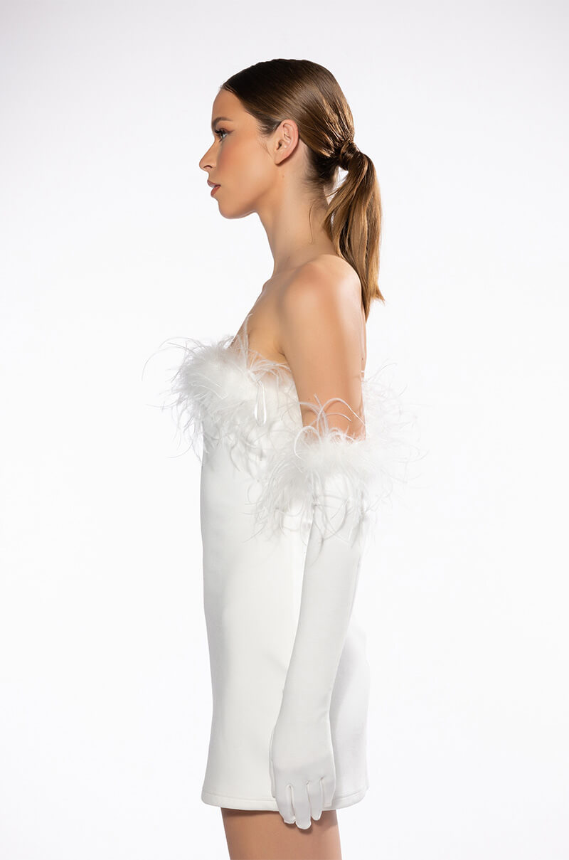HOLLY FEATHER DETAIL STRAPLESS BODYCON DRESS WITH GLOVES