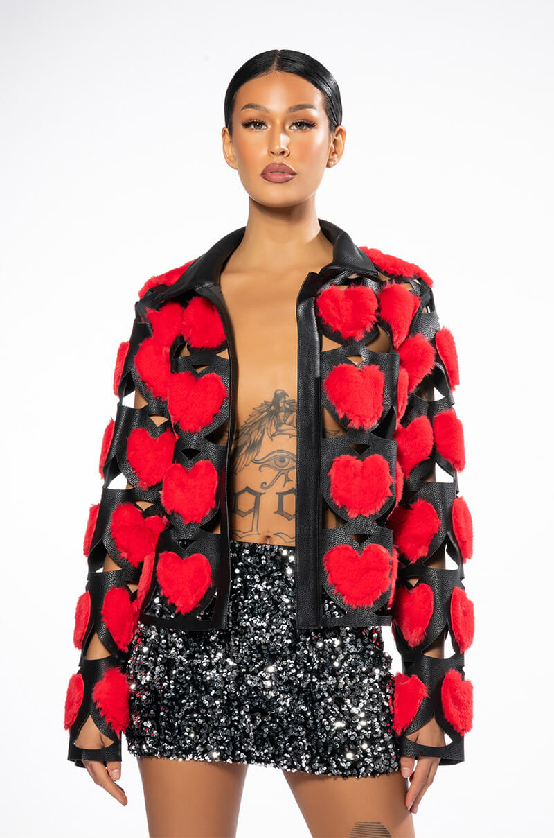 I HEART YOU FUR BOMBER JACKET WITH PU